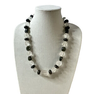 Vintage Frosted Lucite Necklace Wood & Glass Accent Beads 24" Chunky 1970s Style